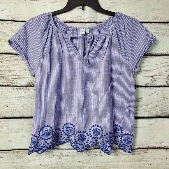 Susina Small Blue White Stripe SS Blouse Tie Neck - Picture 1 of 7